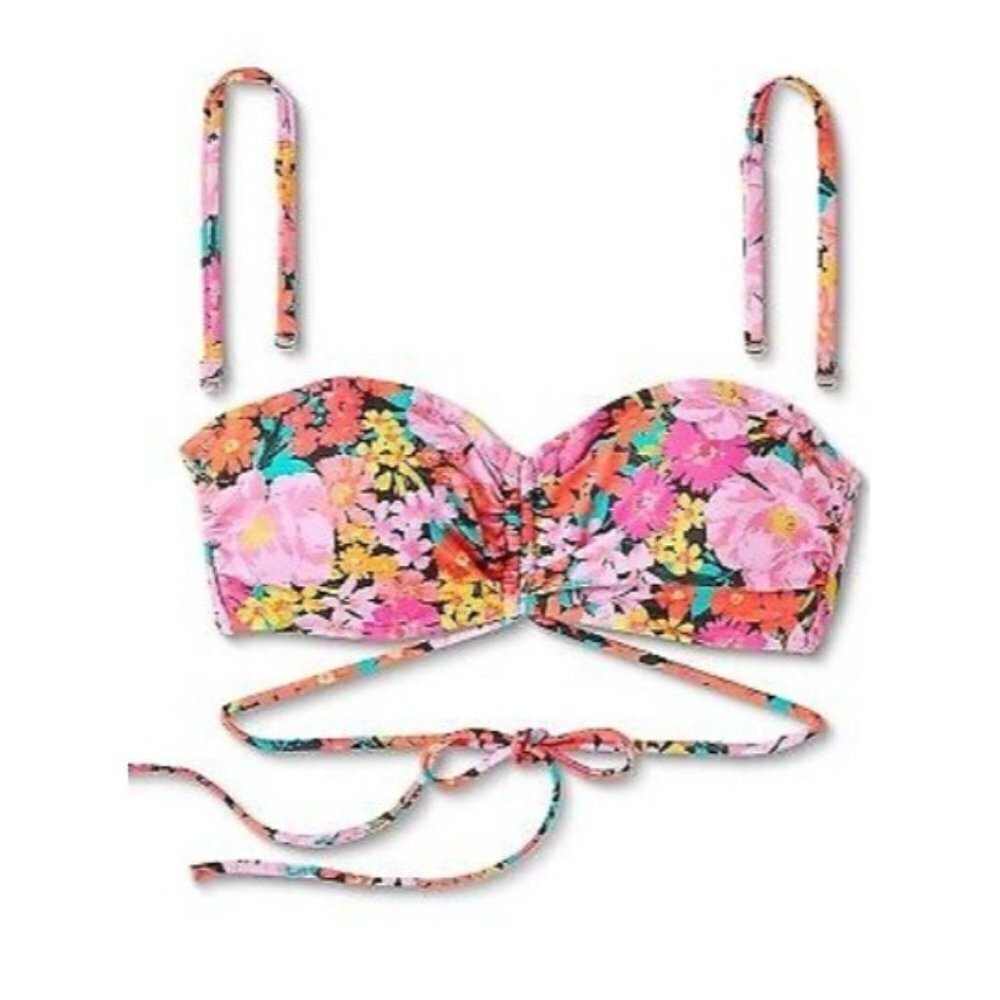 Kona Sol Womens Size 34B Floral Print Strappy Bandeau Bikini Top in Pink $28 586